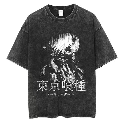 Anime Tokyo Ghoul Harajuku Japanese Anime Streetwear Graphic Shirts Summer Short Sleeve Cotton Tshirt Print Vintage Washed Shirt