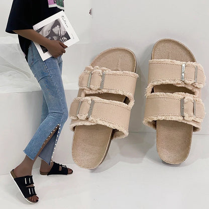 Women's Slippers Flat Bottom Slipper 2023 Summer New Line Slippers Large 43 Denim Leather Buckle Outside Sandals Sandalias