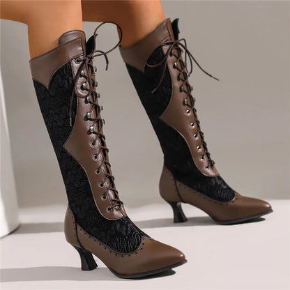 Women Victorian Pointed Toe Mid-Calf Boots Leather Lace Hollow Out Punk Lace Up Strange Steampunk High Heel Shoes Plus Size32-43