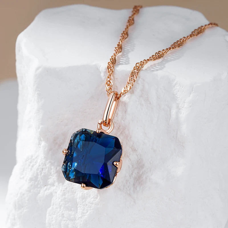 Kinel Luxury Square Blue Natural Zircon Pendant Necklace For Women Fashion 585 Rose Gold Color Fine Daily Ethnic Bride Jewelry