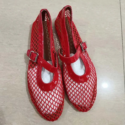 2024 Summer Hot Fashion Mesh Women's Ballet Sandals, Fake Round Toe Buckle Flat Network Red Explosive Women's Shoes, Sandals