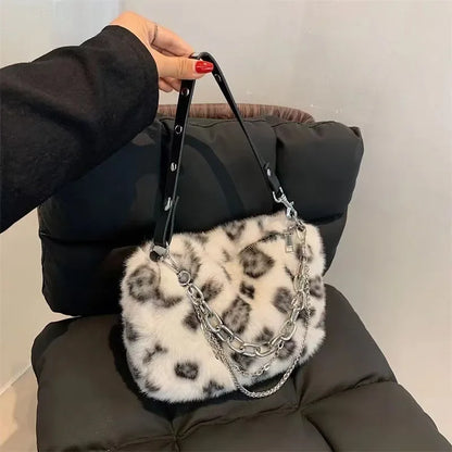 Leopard Print Bag Underarm Bag Plush Bag Women's Autumn and Winter New Product Versatile Plush High-end Chain Bag