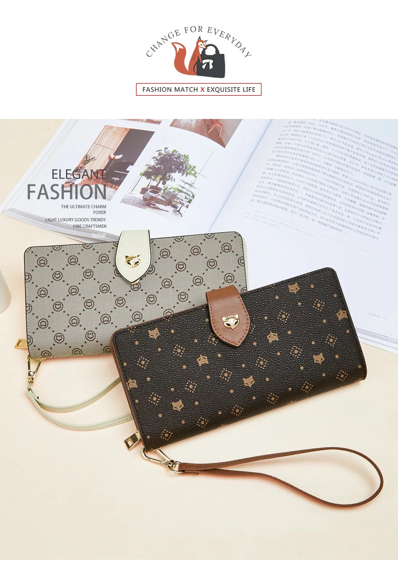 FOXER Women's Long Wallet Card Holder Stylish Money Bag Ladies Monogram Design PVC Leather With Wriststrap Bag Female Coin Purse