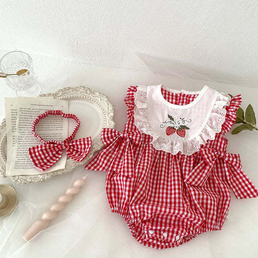 Sommer Baby Mädchen Strampler + Stirnband Neugeborenen Rot Plaid Erdbeere Stickerei Sommer Onesies Kleidung Lässiger und vielseitiger Stil