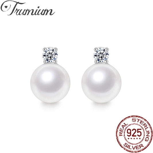 Trumium 10/12mm S925 Sterling Silver White Pearl Earrings for Women Zircon Stud Earring Fashion Jewelry Sweet Accessories