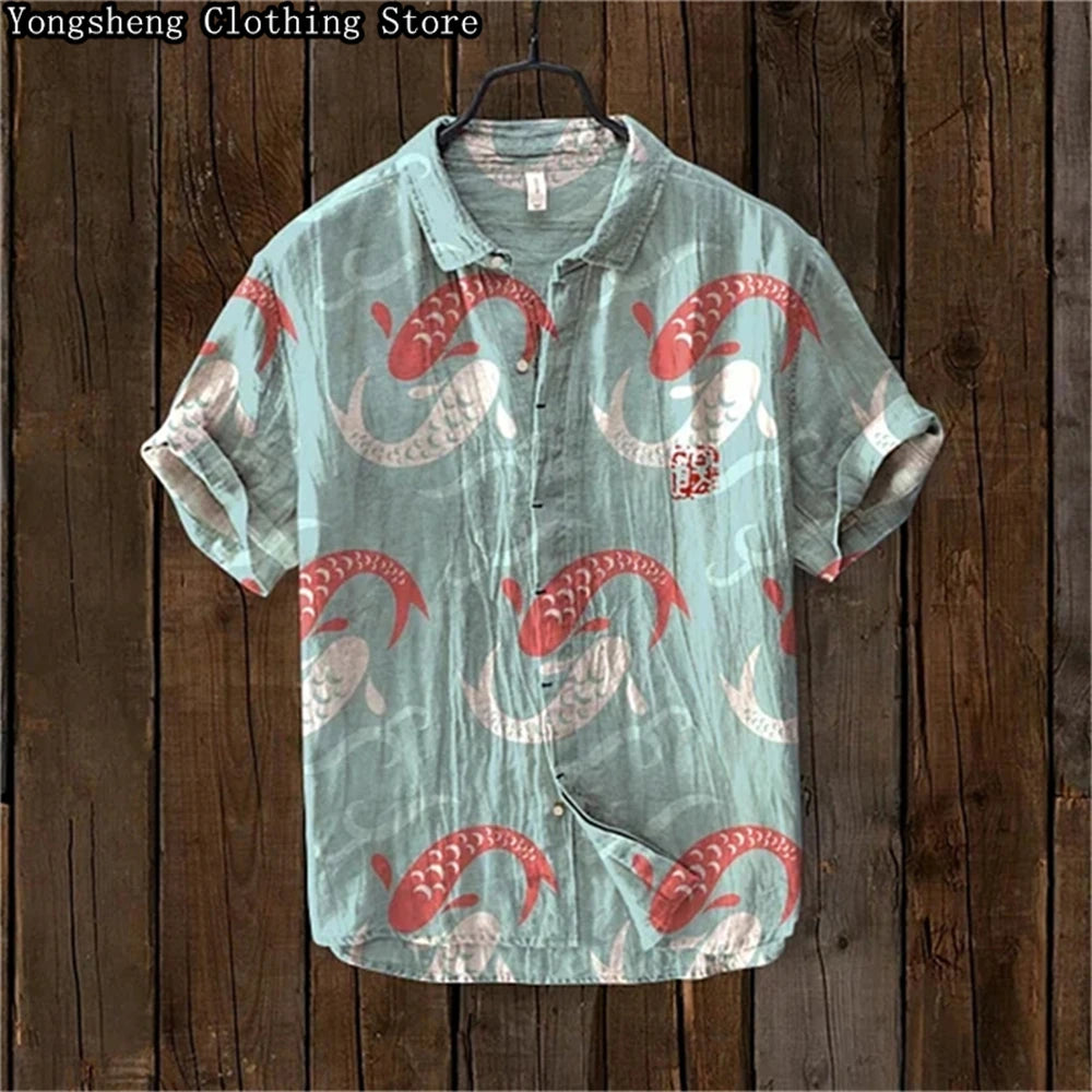 Men's Short Sleeve Linen Printed Shirt 2024 Japan Hot Selling Carp Print Holiday Daily Casual Wear Large Size XS-5XL