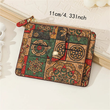 Retro Printed Card Holder Wallet For Woman Multi-Slot Card Case Cork Ultra Thin Zipper Coin Purse Small Change Pocket Pouch