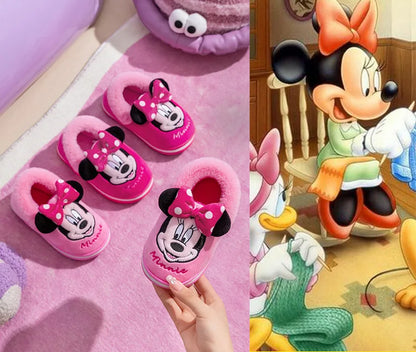 Disney Minnie Children Cotton Slipper Bag Heel Winter Boy Baby Non-slip Hair Mop Indoor Home Shoes Warm Cute Cotton Shoes Winter