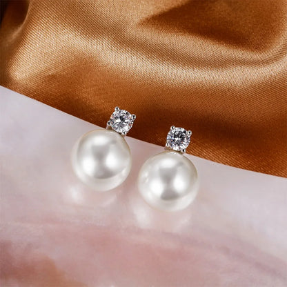 Trumium 10/12mm S925 Sterling Silver White Pearl Earrings for Women Zircon Stud Earring Fashion Jewelry Sweet Accessories