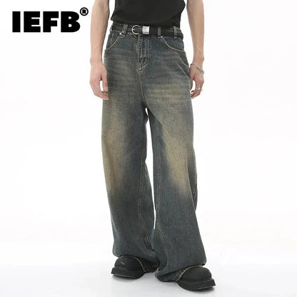 IEFB Summer Men's Denim Pants Old Blue Washed Male Jeans Straight Casual Menwear Loose Wide Leg Trousers New Fashion 9C354