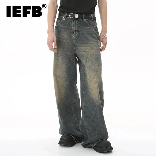 IEFB Summer Men's Denim Pants Old Blue Washed Male Jeans Straight Casual Menwear Loose Wide Leg Trousers New Fashion 9C354