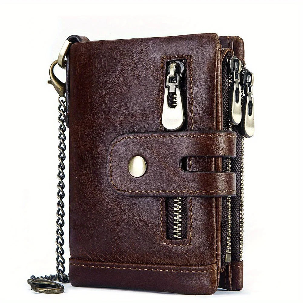 100% Genuine Leather RFID Men Cowhide Wallets Coin Purse Small Mini Card Holder Chain PORTFOLIO Portomonee Male Wallet Pocket