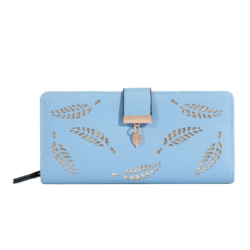 Women Wallet PU Leather Purse Female Long Wallet Gold Hollow Leaves Pouch Handbag For Women Coin Purse Card Holders Clutch