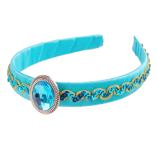 Girls Jasmine Blue Headbands Large Crystal Children Headwear Arabian Princess Hair Bands For Cosplay Party Hair Accessories