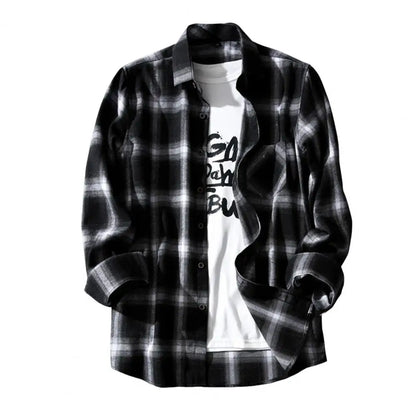 Black White Plaid Men Shirt Spring Autumn Casual Shirt Long Sleeve Turn-down Collar Single-breasted Men Jacket camisa masculina