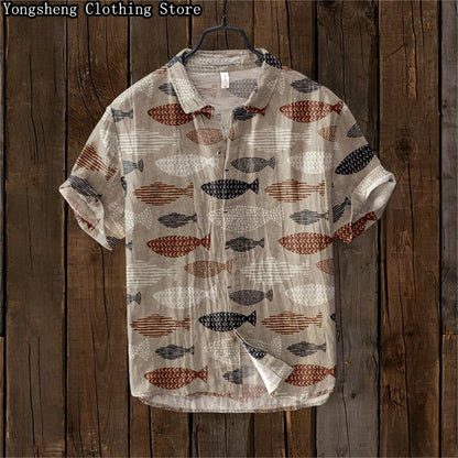 Men's Short Sleeve Linen Printed Shirt 2024 Japan Hot Selling Carp Print Holiday Daily Casual Wear Large Size XS-5XL