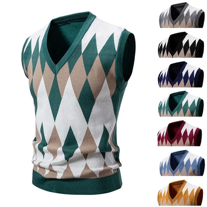 New Knitted Thread Men's Fashion Embroidery Color Matching V-neck Sleeveless Sweater Casual Lining Vest Men's Top