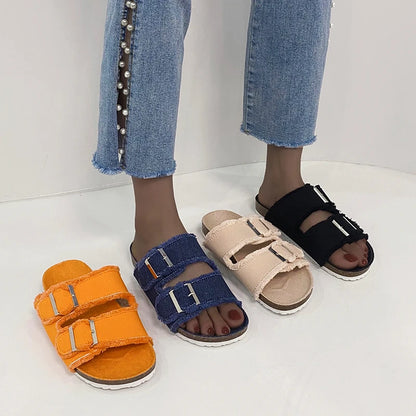 Women's Slippers Flat Bottom Slipper 2023 Summer New Line Slippers Large 43 Denim Leather Buckle Outside Sandals Sandalias