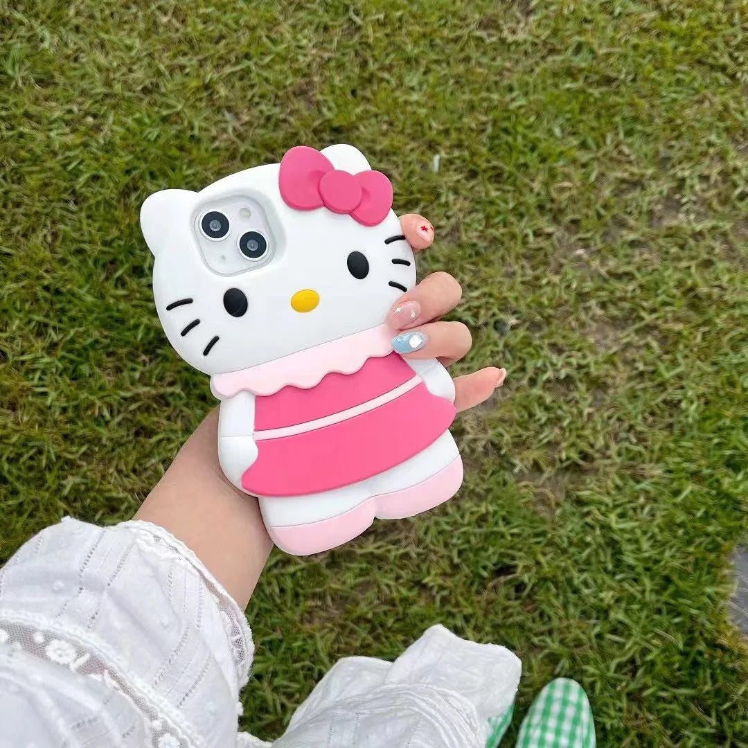 Sanrio Hello Kitty Cartoon 3D Bow Skirt Phone Case For iPhone 15 14 13 Pro Max 11 12 13 Pro Pink Girl Y2K Anti Fall Silicone