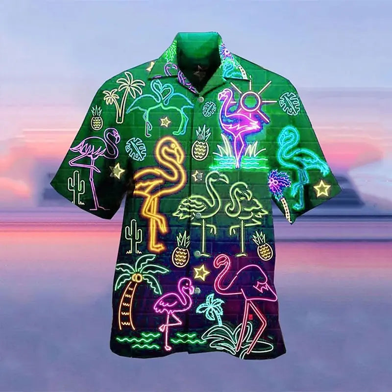 Men's shirt Hawaiian shirt camp T-shirt fluorescent 3D printing street casual short-sleeved clothing fashionable casual