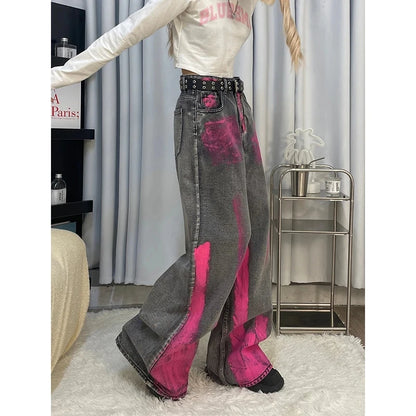 Women Black Gray Jeans Harajuku Vintage Y2k Baggy Tie-Dyed Denim Trousers Harajuku Cowboy Pants 90s Trashy Punk 2000s Clothes