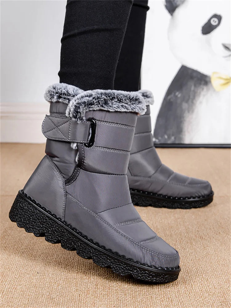 Msfilia Women Autumn Winter Rabbit Fur High Barrel Warm Velcro Waterproof Snow Boots