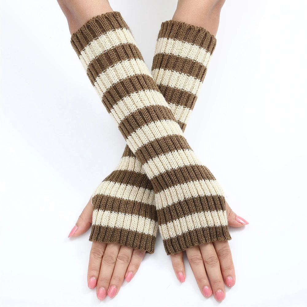 Women's Knitted Fingerless Arm Sleeves Gothic Style Striped Winter Long Arm Warmers Girls Harajuku Y2K Fashion Wrist Gloves