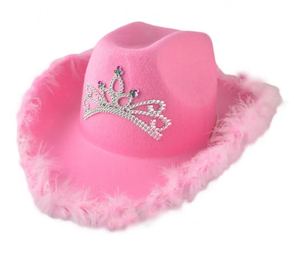 Pink Cowboy Hats for Women Girls Wide Brim Western Hats Y2K Glitter Crown Sequin Feather Caps Cowgirl Party Costume Accessories