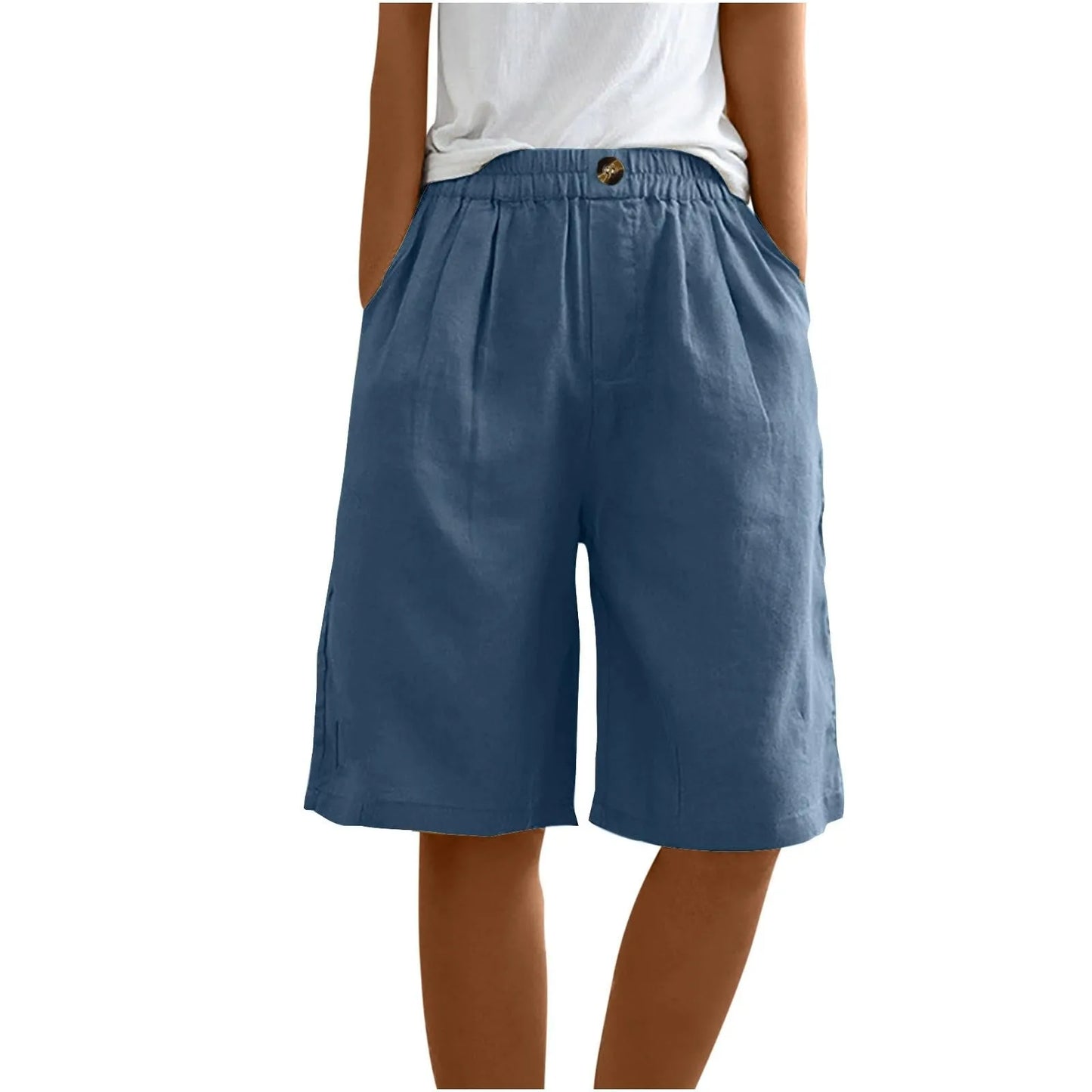 Women's Fashion Solid Color Pants Pocket Button Up Capris Loose Elastic Waist Cotton Linen Shorts