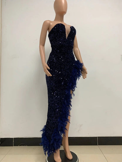 Women Evening Dresses Asymmetrical Shiny Sequins Feather Cocktail Party Dress Sexy Strapless Long Formal Prom Dresses Xiny189