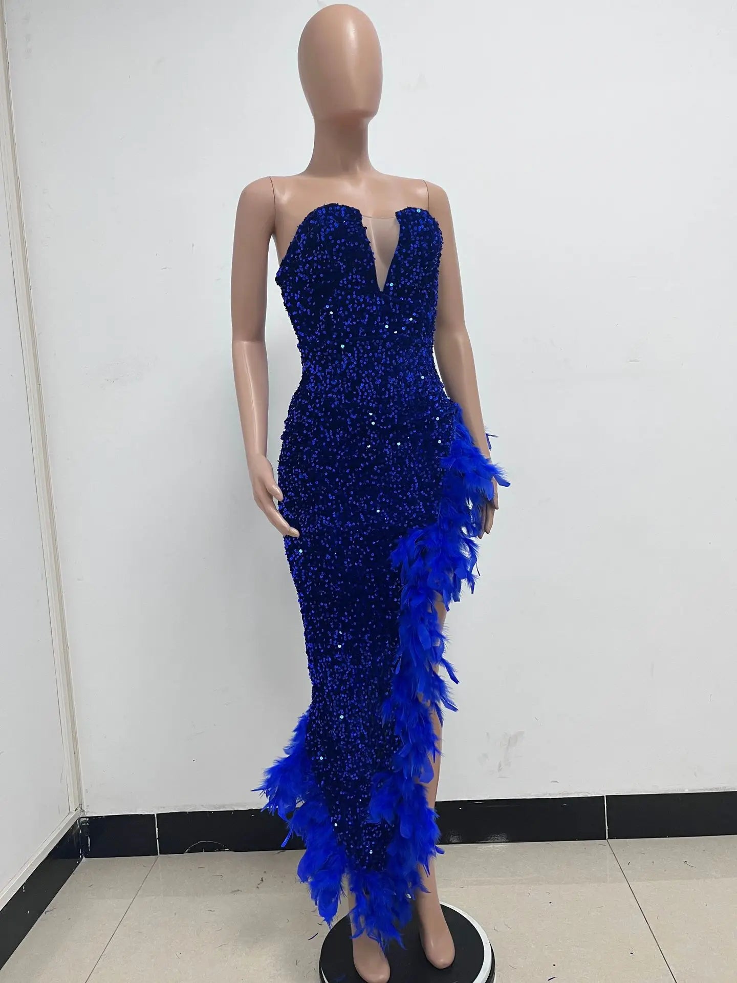 Women Evening Dresses Asymmetrical Shiny Sequins Feather Cocktail Party Dress Sexy Strapless Long Formal Prom Dresses Xiny189