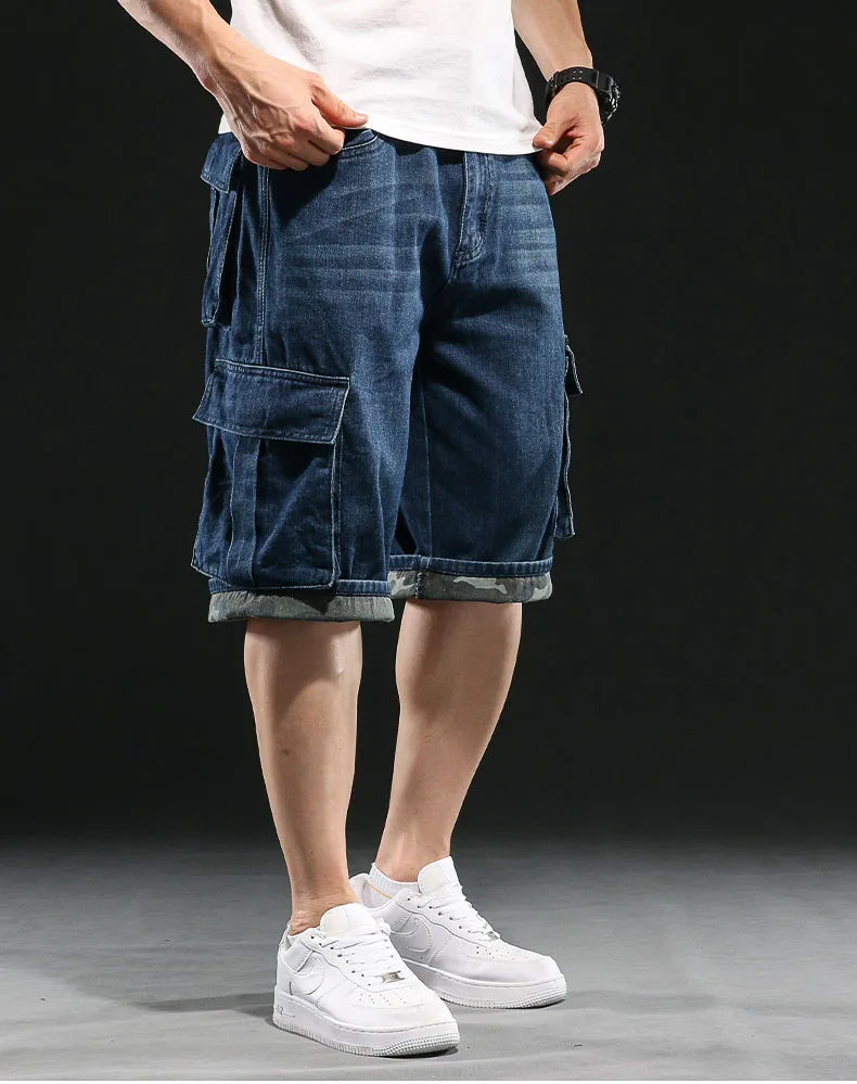 Men's Wide-leg Denim Shorts Multi Pocket 7 Point Work Cargo Jeans Shorts Fat Plus Size Denim Shorts Male