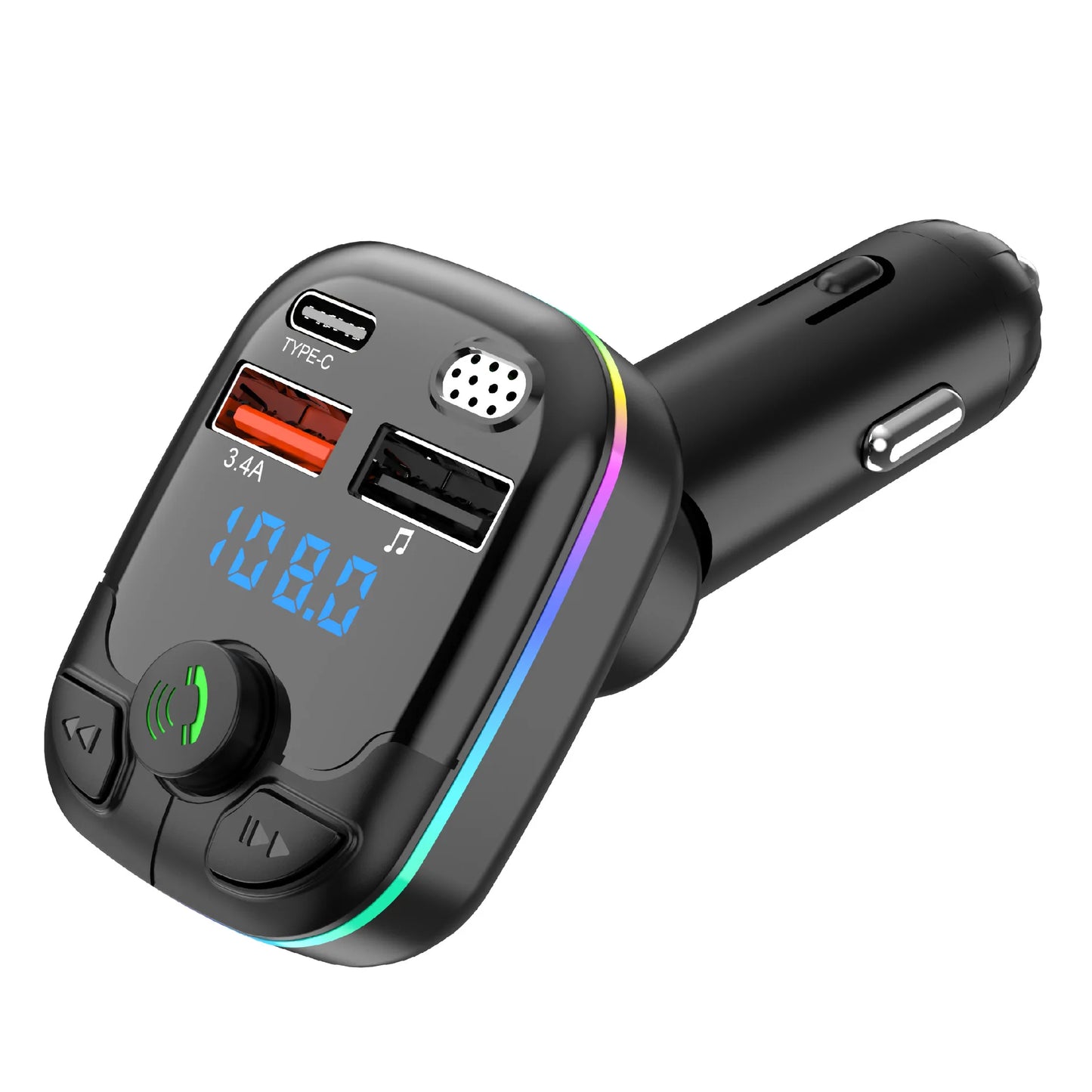 Bluetooth 5.0 Car FM Transmitter Type-C Dual USB Ambient Player MP3 Car Charger Type-C Wireless Light Phone Hands Free Car Radio