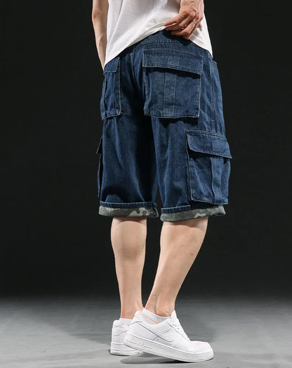 Men's Wide-leg Denim Shorts Multi Pocket 7 Point Work Cargo Jeans Shorts Fat Plus Size Denim Shorts Male