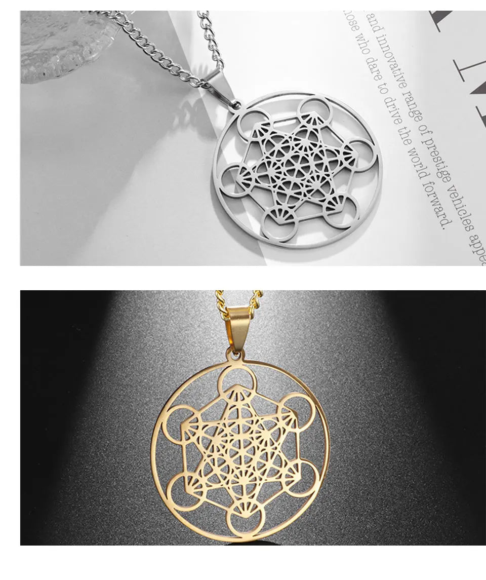 YILUOCD Vintage Metatron Cube Necklace 18k Gold Plated Sacred Geometry Powerful Protection Amulet Solomon Spiritual Jewelry