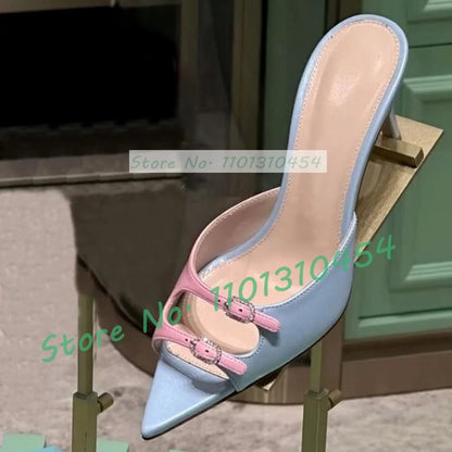 Sweet Double Buckle Mules Women Elegant Pointed Open Toe Luxury Satin Stiletto Heel Shoes Ladies Casual Concise Summer Slippers