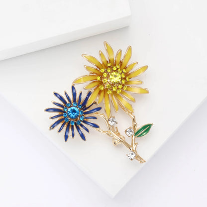 Shiny Double Head Sunflower Brooches for Women Unisex Ukrainian Plant Pins 2-color Available Casual Party Accessories Gifts