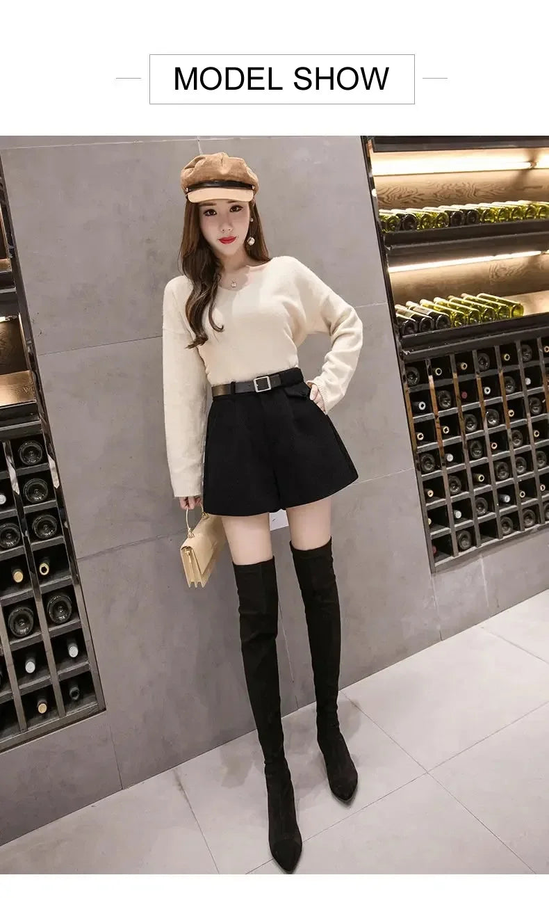 2024 New Women's Woolen Shorts A-line Loose High-Waisted Casual Thick Boots Pants for Autumn Winter Comfortable Bootcut Black