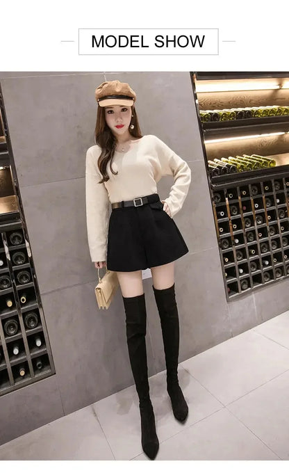 2024 New Women's Woolen Shorts A-line Loose High-Waisted Casual Thick Boots Pants for Autumn Winter Comfortable Bootcut Black