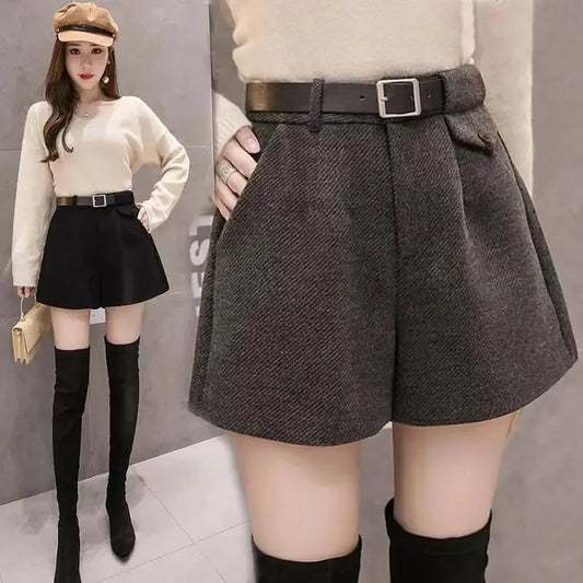 2024 New Women's Woolen Shorts A-line Loose High-Waisted Casual Thick Boots Pants for Autumn Winter Comfortable Bootcut Black