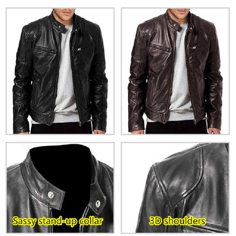 Men's PU Leather Jacket Stand Collar Zipper Coat   Jackets Autumn Casual Motorcycle PU Jacket Biker Slim Leather Coats