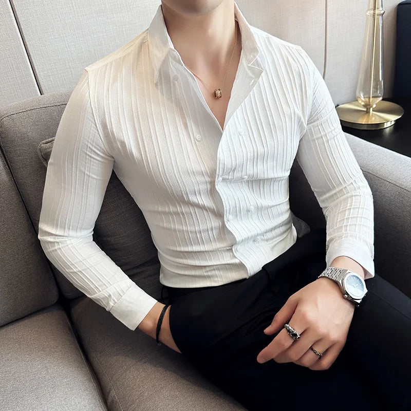 British Style Men Double Breasted Shirt 2023 Autumn New Long Sleeved Striped Slim Fit Shirts Formal Business Social Party Tuxedo