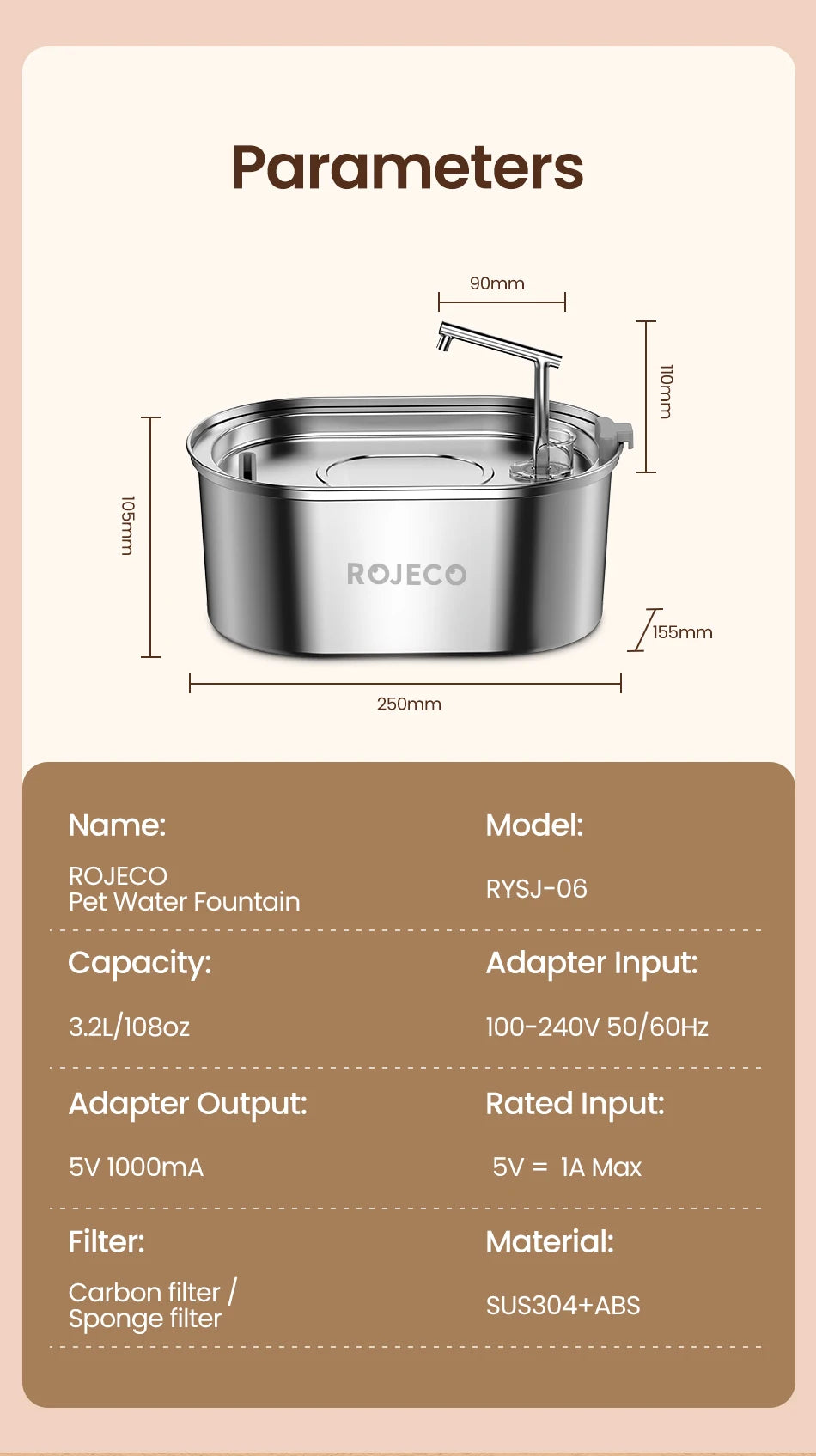 ROJECO Stainless Steel Cat Water Fountain Automatic Cat Drinker Drinking Fountain For Cats Dogs Pet Water Dispenser Accessories