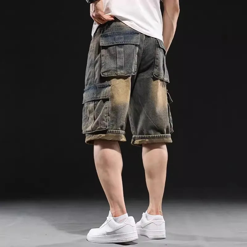 Men's Wide-leg Denim Shorts Multi Pocket 7 Point Work Cargo Jeans Shorts Fat Plus Size Denim Shorts Male