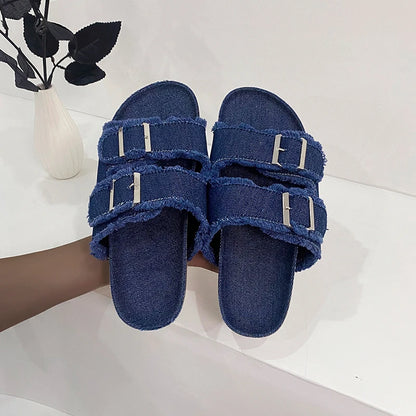 Women's Slippers Flat Bottom Slipper 2023 Summer New Line Slippers Large 43 Denim Leather Buckle Outside Sandals Sandalias