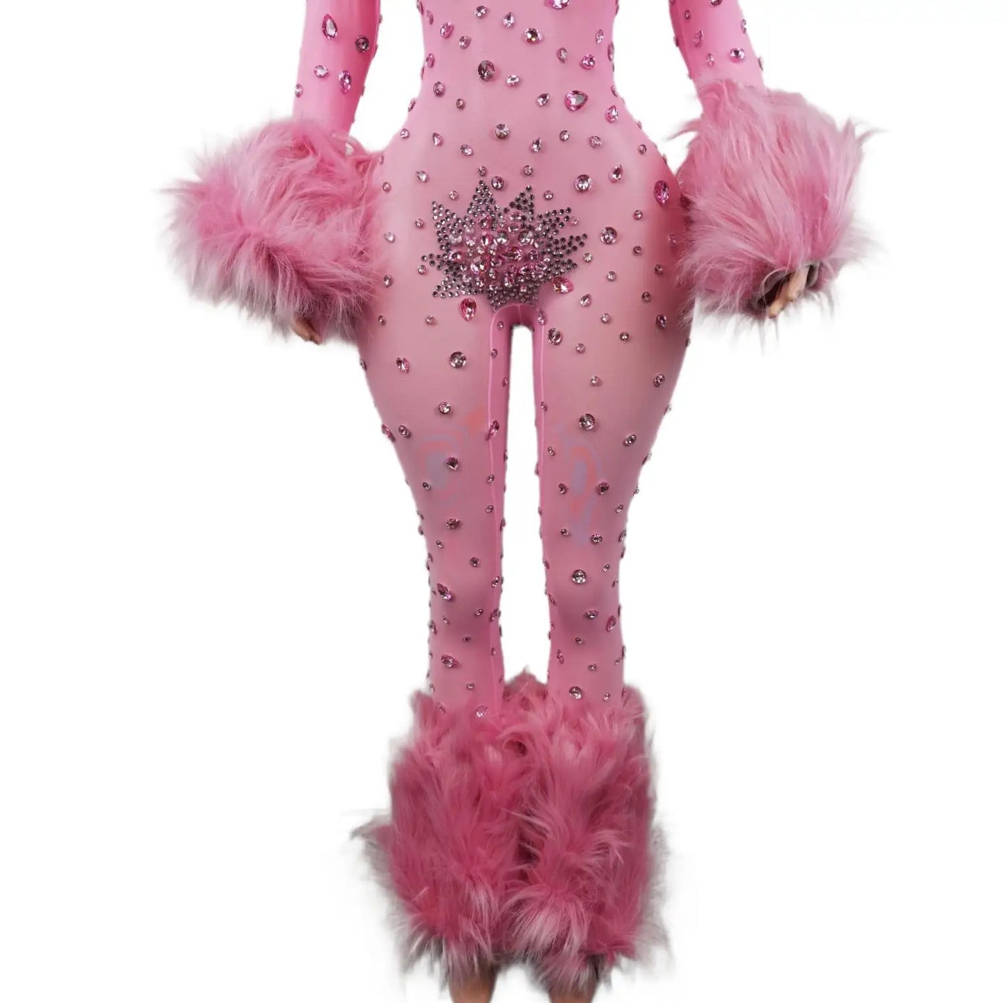 Shiny Pink Mesh Transparent Jumpsuit Sexy Hairy Designe Birthday Outfit Singer Dancer Performance Costume Stage Wear Guibin