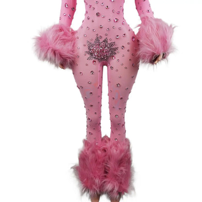 Shiny Pink Mesh Transparent Jumpsuit Sexy Hairy Designe Birthday Outfit Singer Dancer Performance Costume Stage Wear Guibin