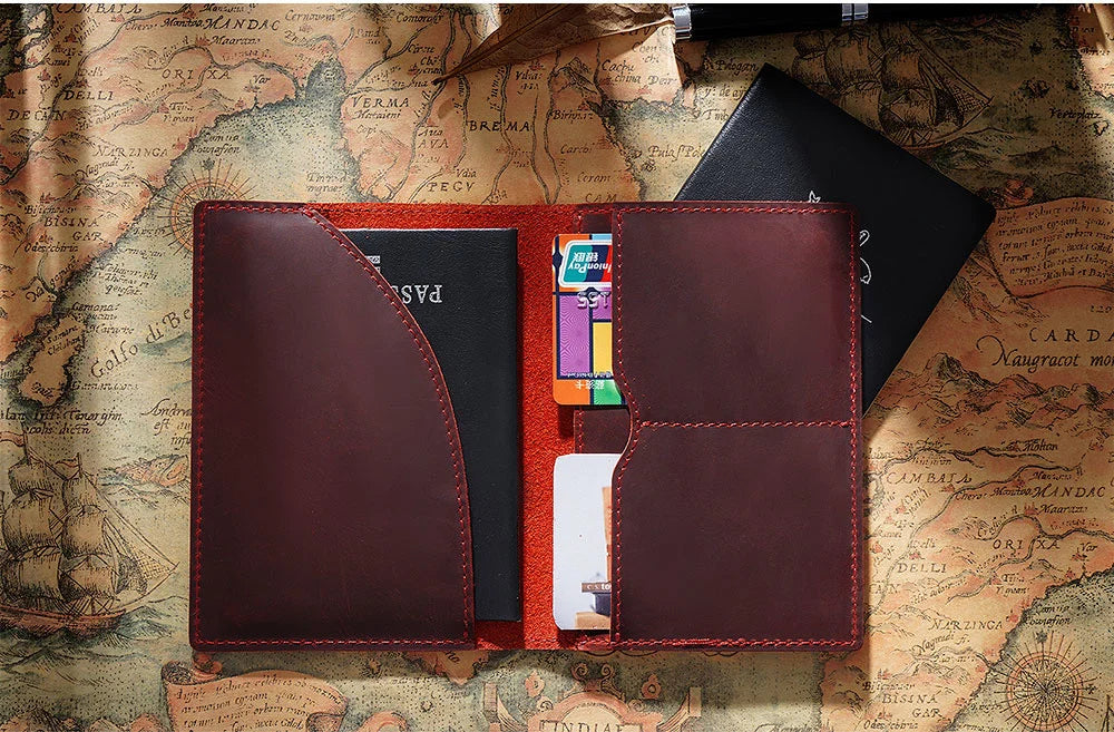 Genuine Crazy Horse Leather Passport Cover Solid Credit ID Card Case Holder Business Unisex Travel Wallet