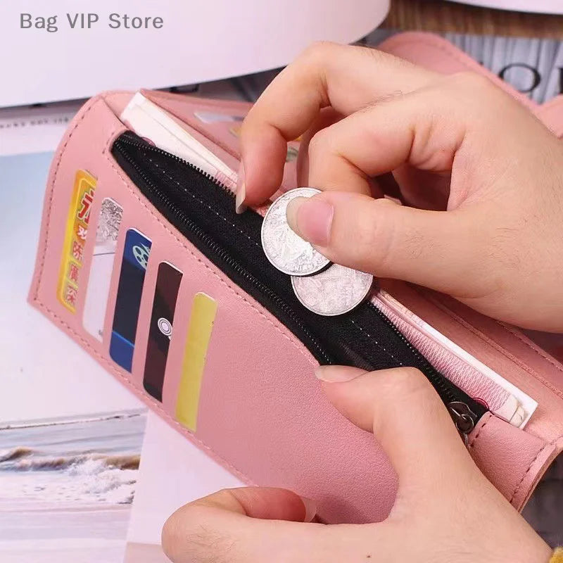 Solid Color PU Leather Women Wallet Luxury Long Hasp Fold-over Pattern Coin Purses Female Thin Clutch Phone Storage Bag Handbag