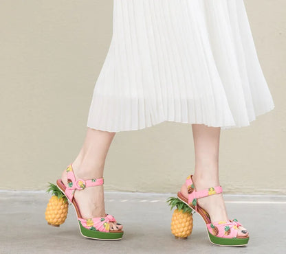 Summer Pink Pineapple Print Open-toe Platform Sandals Sweet Women High-heel Buckle Strappy Women Shoes Lovely Sandalias Mujer